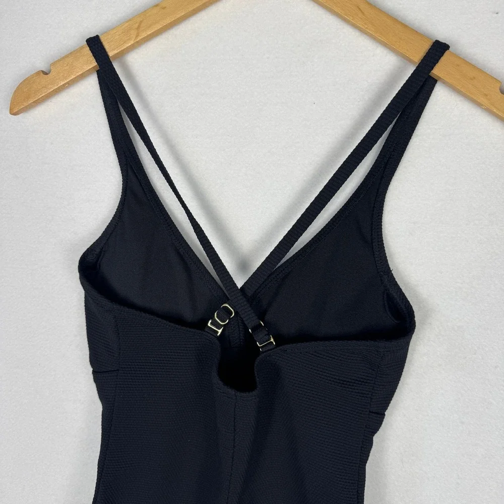 Catalina‎ Womens Black Ribbed One Piece Swimsuit Double Strap V-Neck Small 4-6